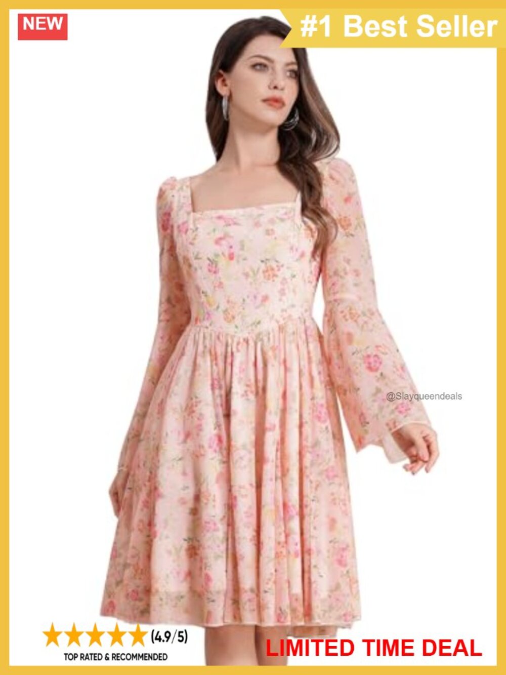 Floral Chiffon Bell Sleeve Square Neck Ruffle Mini Dress - Picture 6 of 6